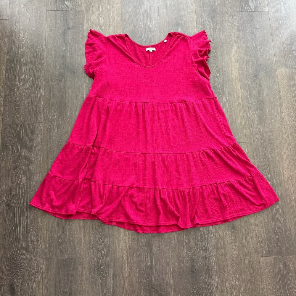 Max‎ Studio 3X Pink Boho Tiered Ruffle Sleeve Dress Coastal Preppy Travel Resort